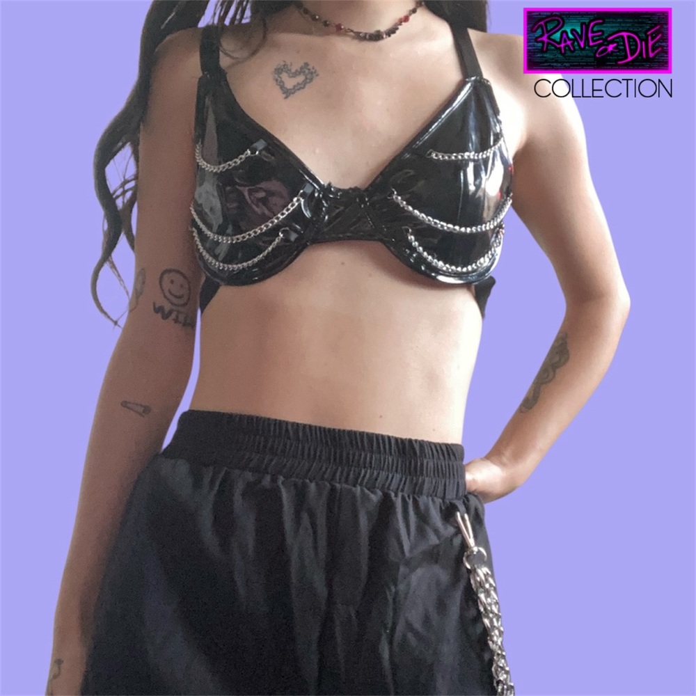Gothic iHeartRaves Chained Black Vinyl Bra